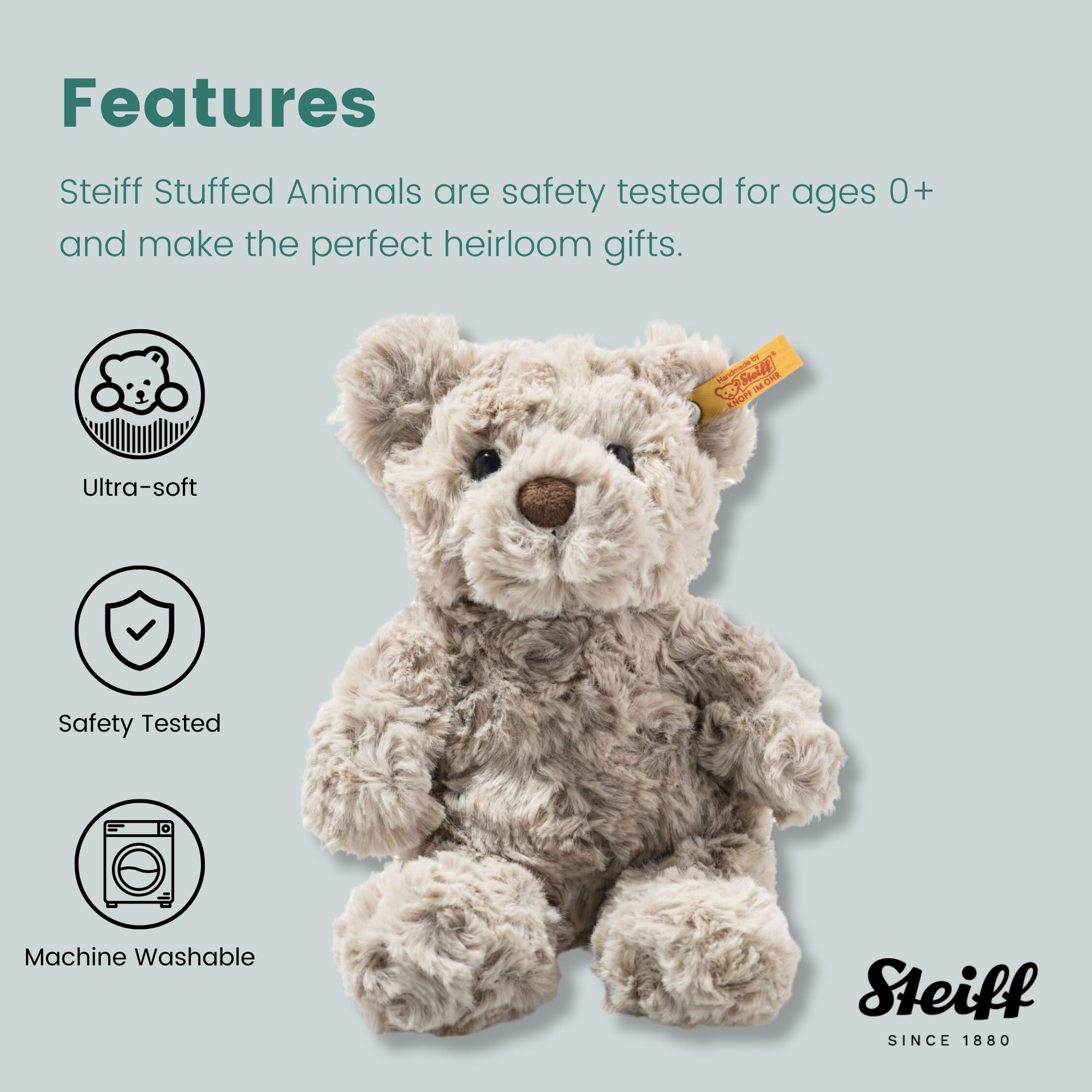 Steiff Soft Cuddly Friends Honey Teddybär hellgrau 18 cm, Teddy aus flauschigem Plüsch, Grau