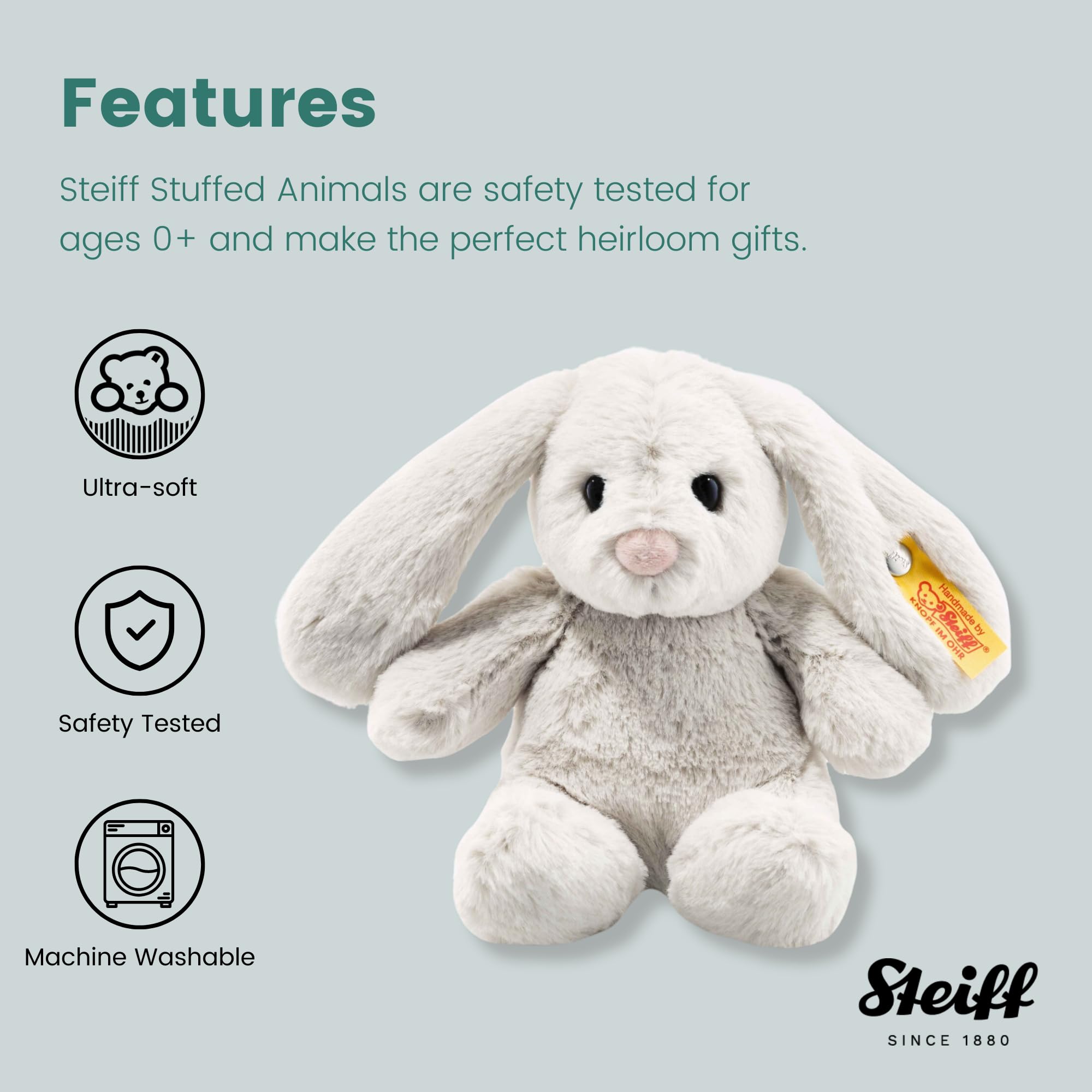 Steiff Hoppie Hase 18 cm hellgrau, Plüschtier Hase mit Schlappohren, Soft Cuddly Friends