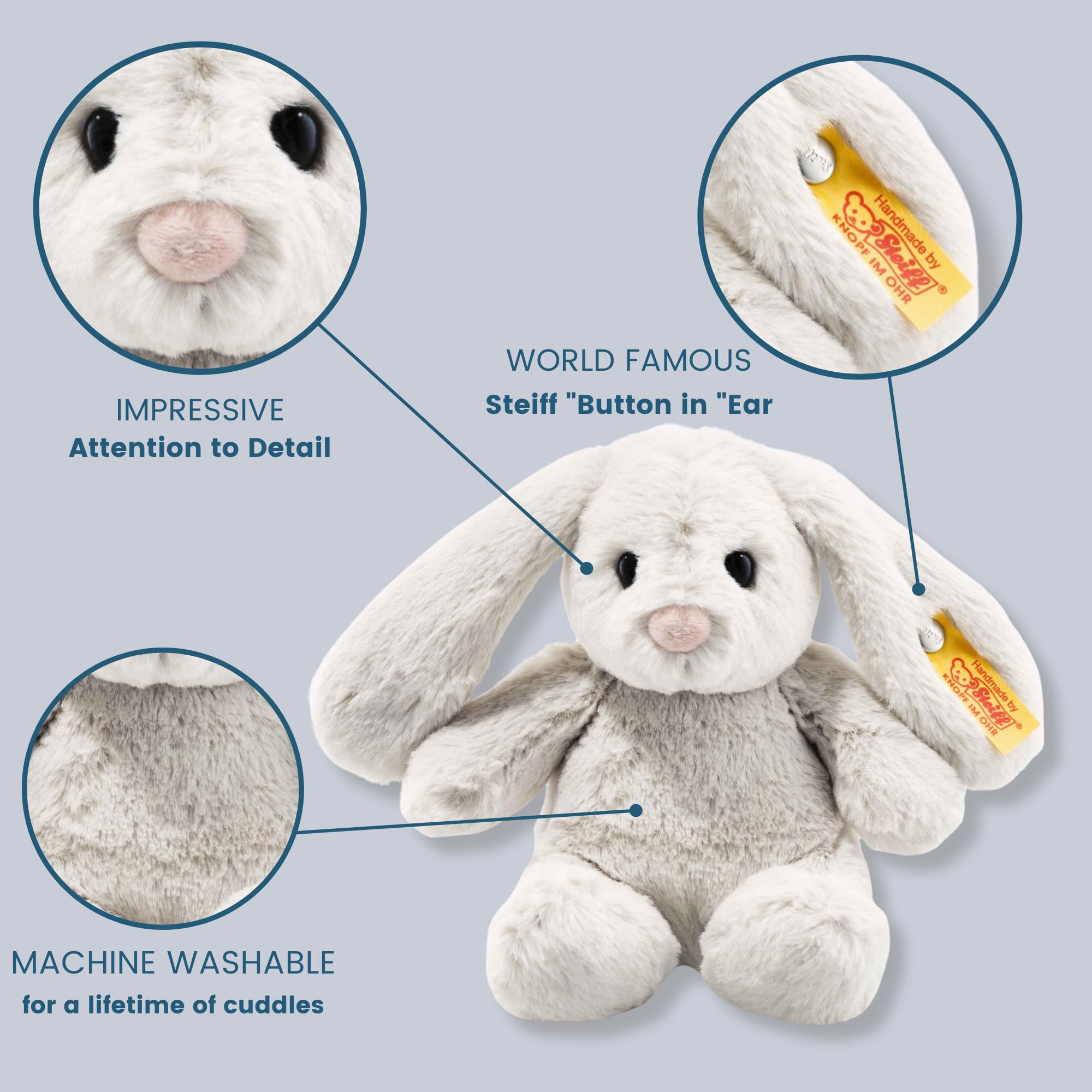 Steiff Hoppie Hase 18 cm hellgrau, Plüschtier Hase mit Schlappohren, Soft Cuddly Friends