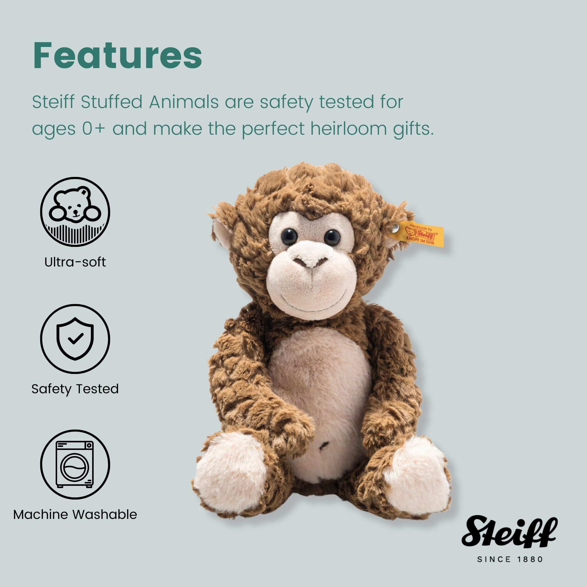 Steiff Bodo Affe 30 cm, Plüsch-Affe, Soft Cuddly Friends, Kuscheltier für Kinder, aus kuschelweichem Plüsch